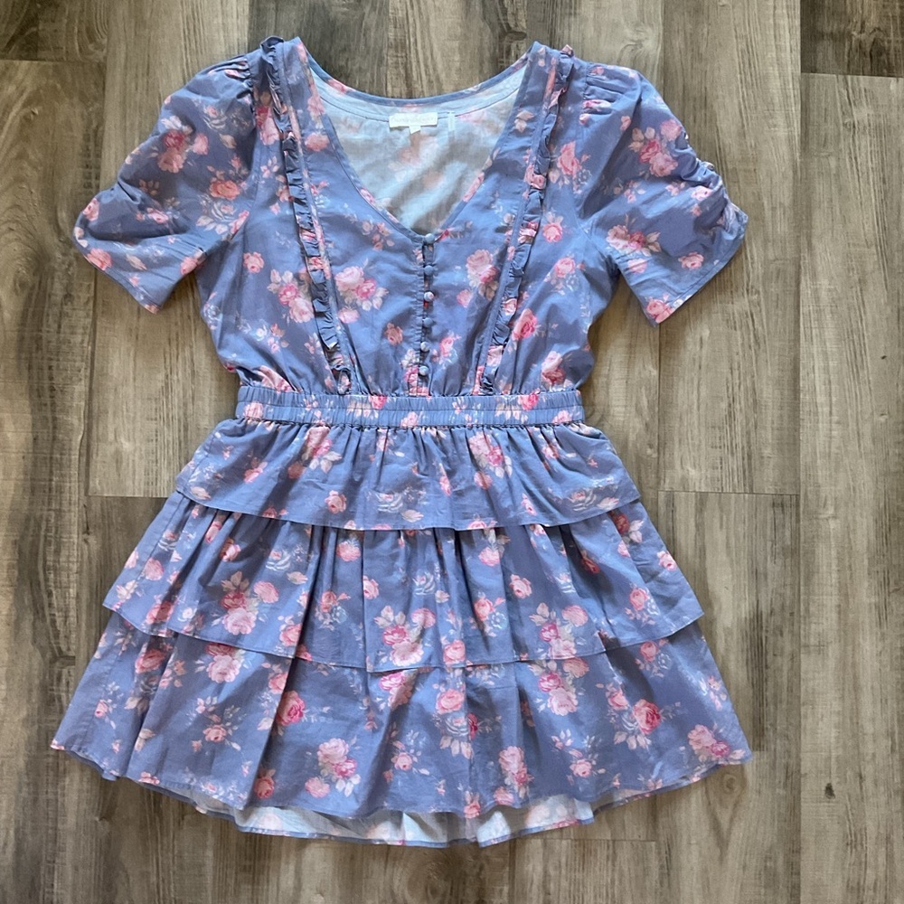 Loveshackfancy Roth Floral Tiered Ruffle Cotton Dress In Faded Denim Size M - Picture 3 of 7